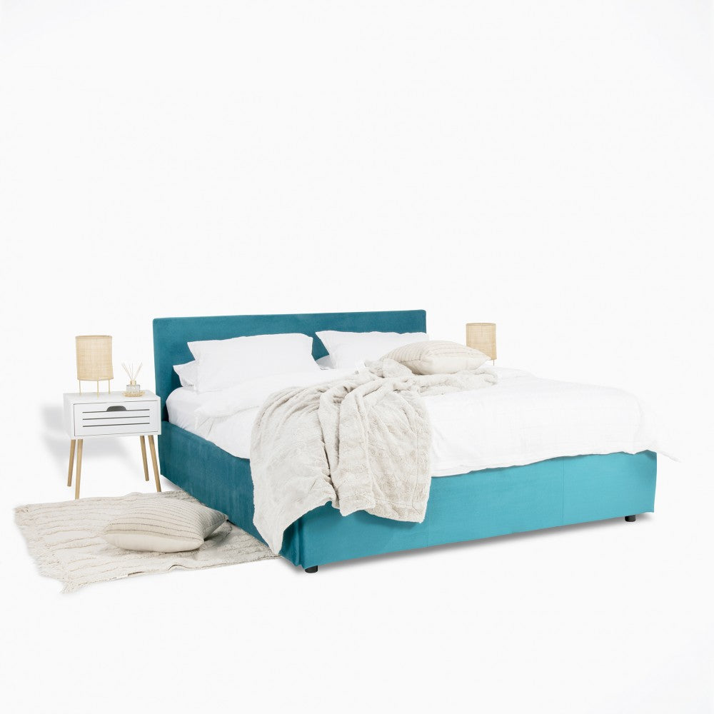 Pat tapitat Timo cu somiera rabatabila si spatiu de depozitare, Blue